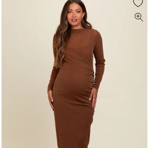 Pinkblush Brown Shimmer Mesh Long Sleeve Ruched Maternity Midi Dress